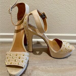 SCHUTZ Cream and Gold High Heel Sandals with Platform